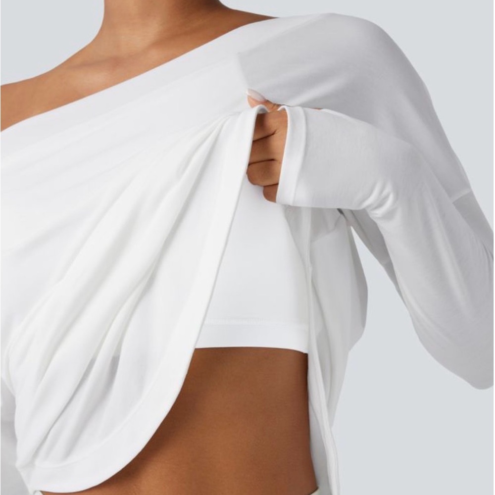 One Shoulder Long Sleeve Thumb Hole Curved Hem High Low Quick Dry top